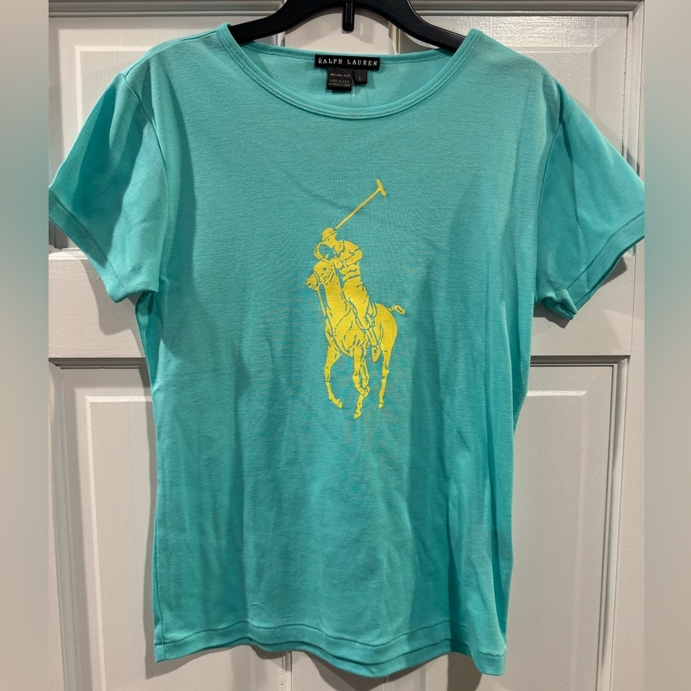Ralph Lauren Short Sleeve Tee Aqua with Yellow Polo Logo Slim Fit Women’s